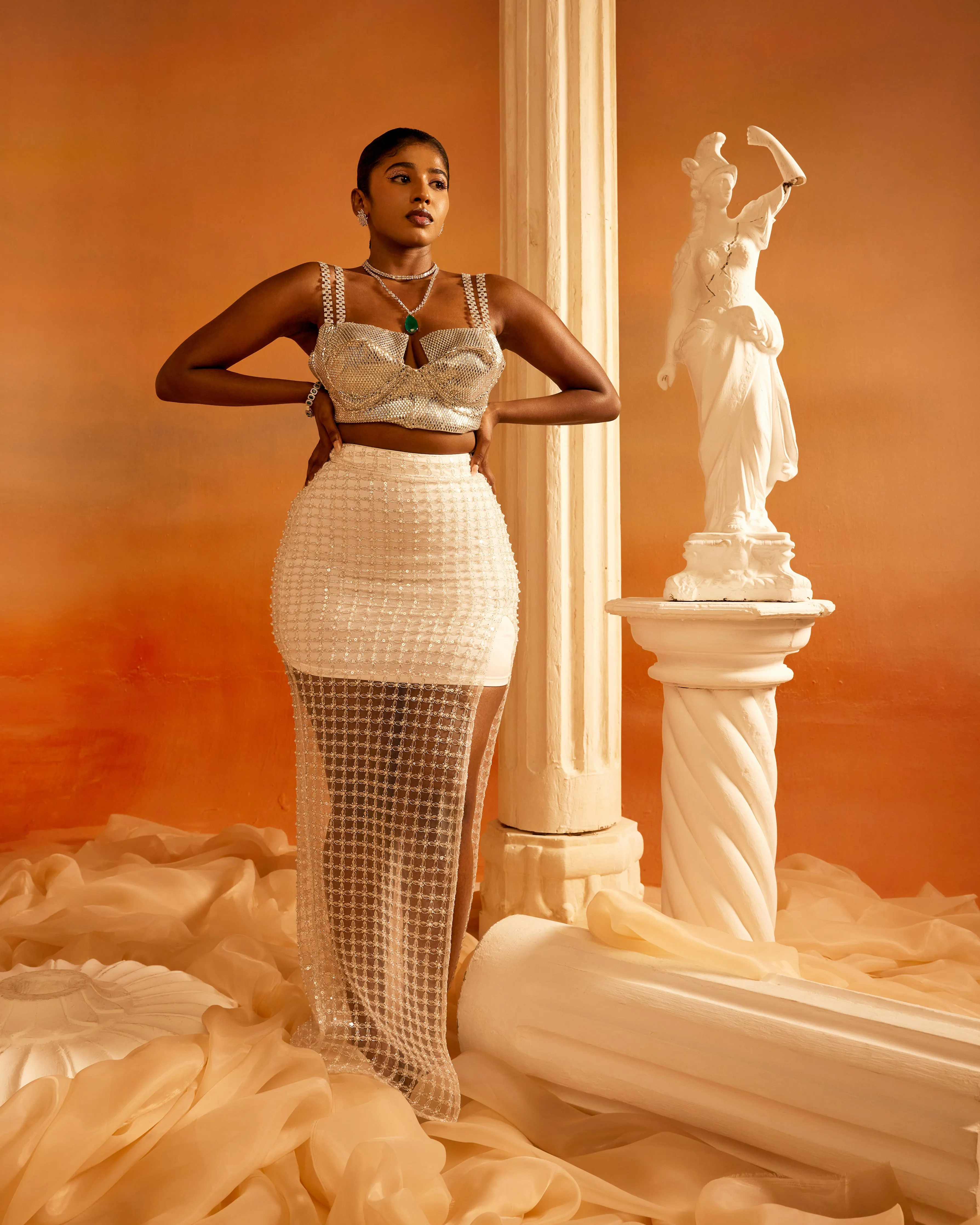 Cher & Cora Silver Metallic Crop Top White Square Net Skirt with Side Slit