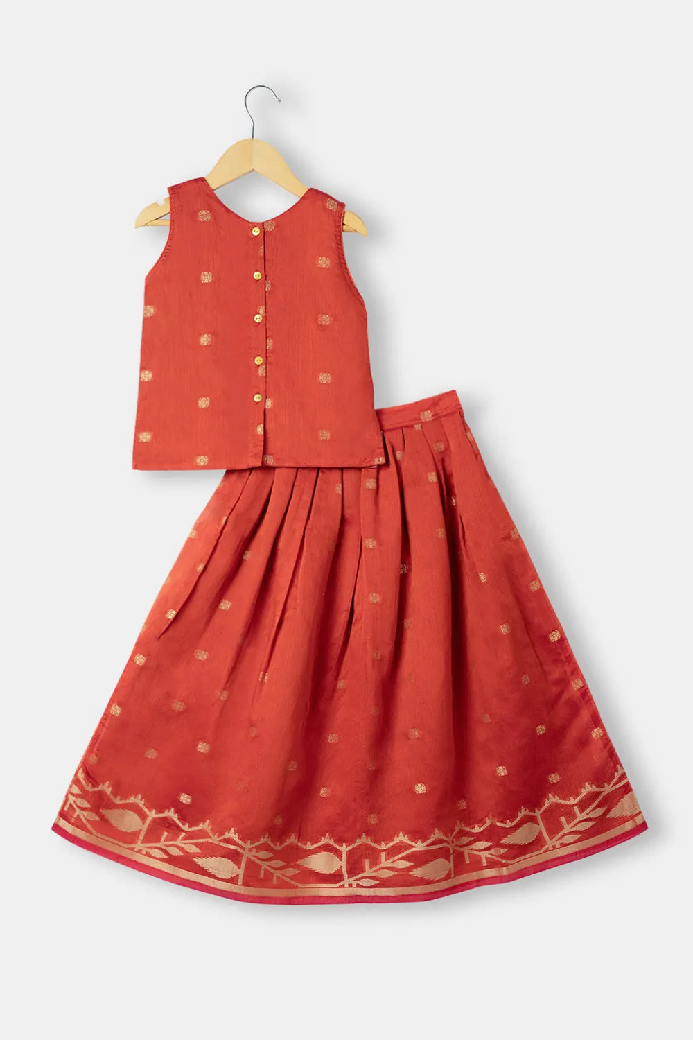 Chittythalli Girls Ethnic Pavadai Set Round Neck With Hand Embroidery Sleevless Top With Box Pleat Skirt - Brown - PS71