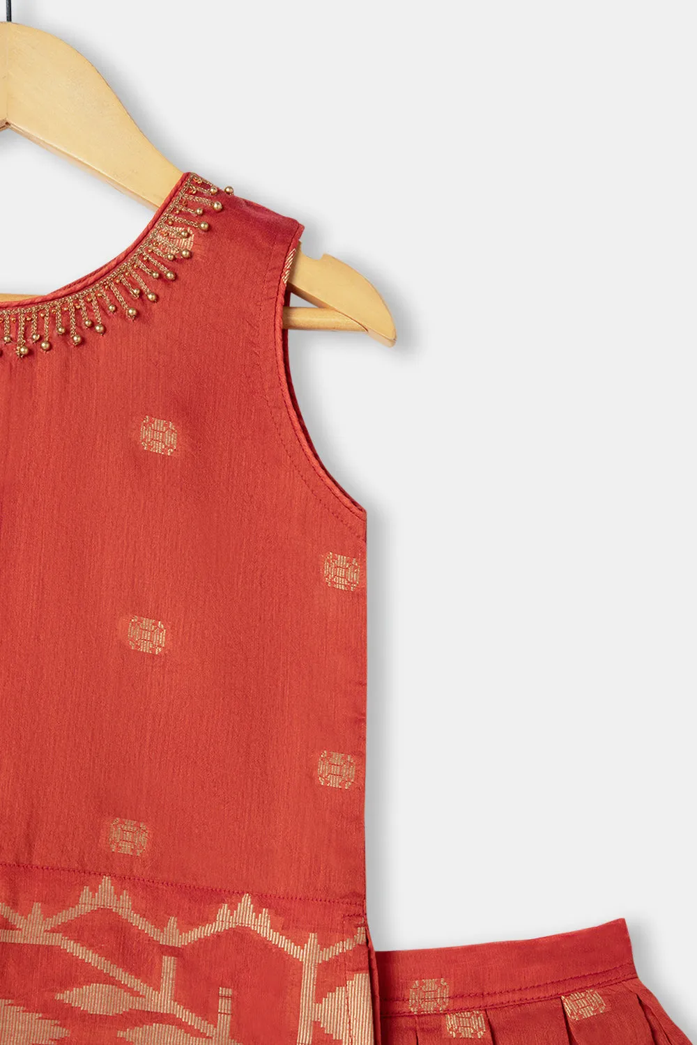 Chittythalli Girls Ethnic Pavadai Set Round Neck With Hand Embroidery Sleevless Top With Box Pleat Skirt - Brown - PS71