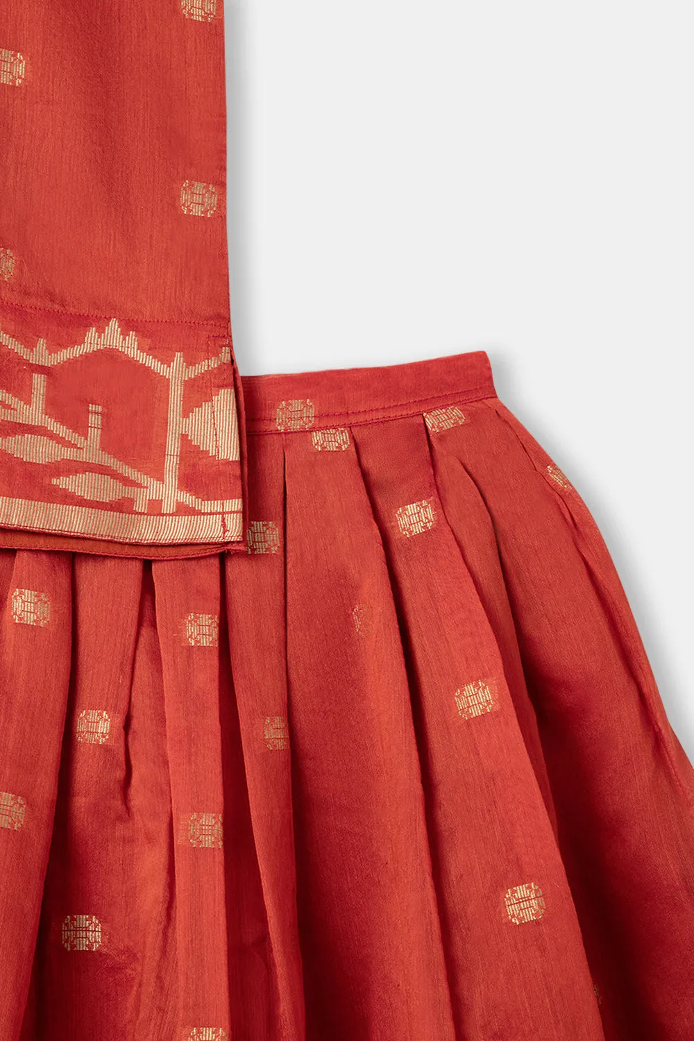 Chittythalli Girls Ethnic Pavadai Set Round Neck With Hand Embroidery Sleevless Top With Box Pleat Skirt - Brown - PS71