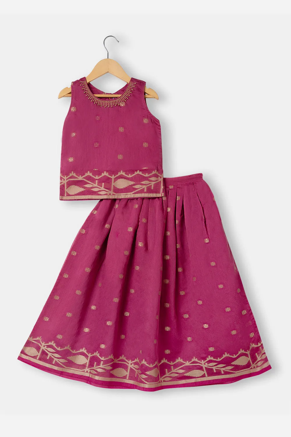 Chittythalli Girls Ethnic Pavadai Set Round Neck With Hand Embroidery Sleevless Top With Box Pleat Skirt - Pink - PS71