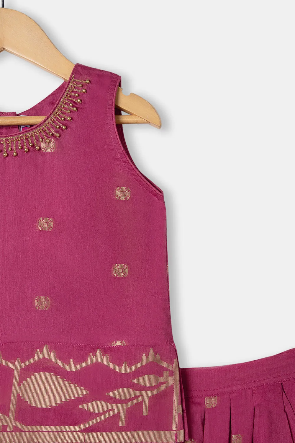 Chittythalli Girls Ethnic Pavadai Set Round Neck With Hand Embroidery Sleevless Top With Box Pleat Skirt - Pink - PS71