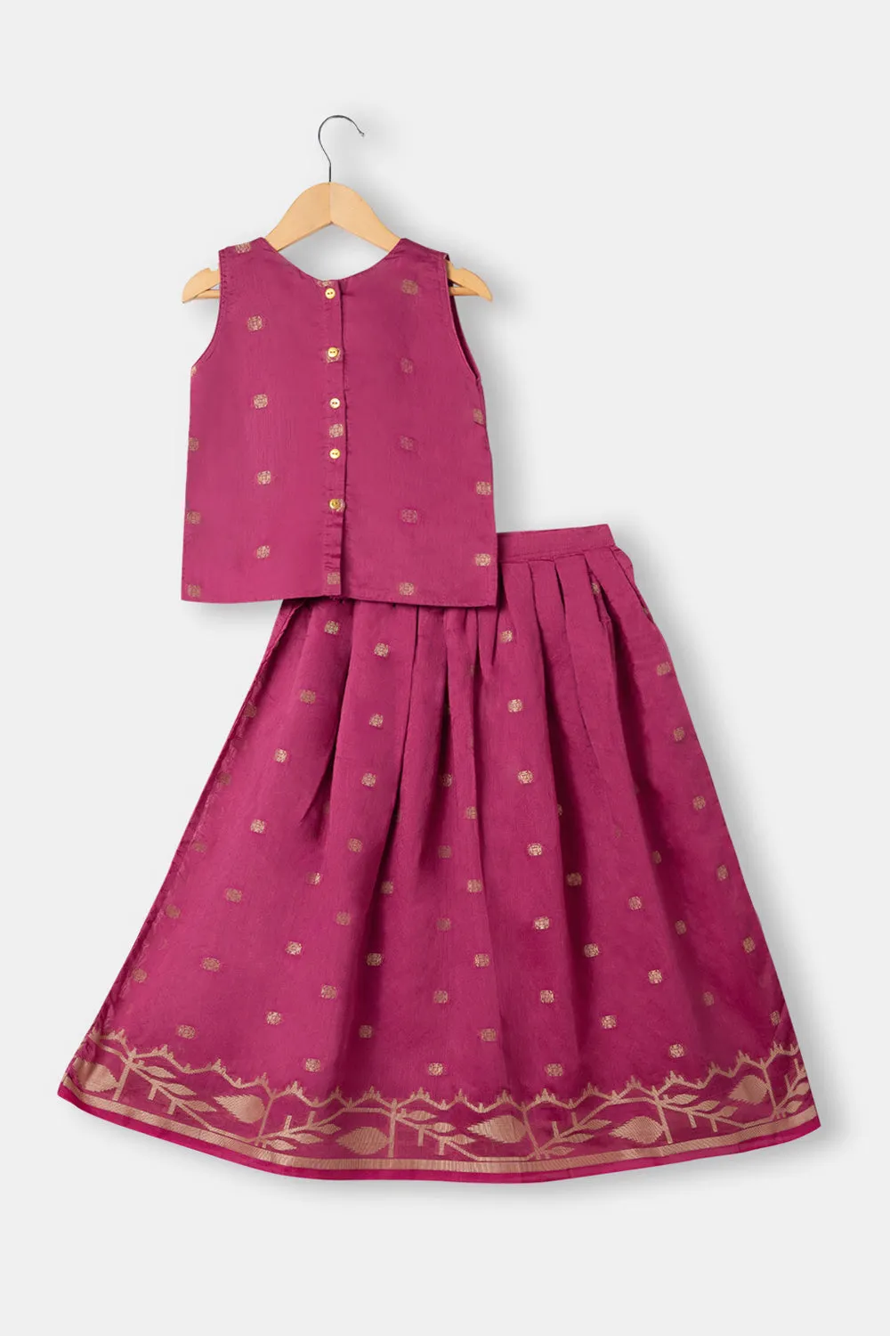 Chittythalli Girls Ethnic Pavadai Set Round Neck With Hand Embroidery Sleevless Top With Box Pleat Skirt - Pink - PS71