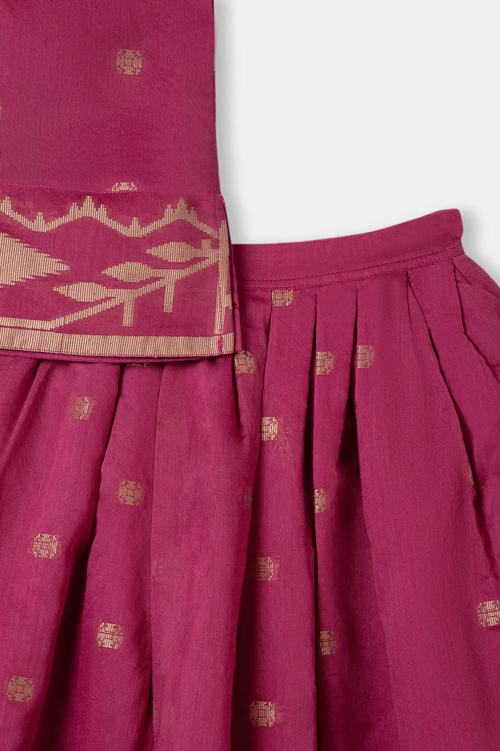Chittythalli Girls Ethnic Pavadai Set Round Neck With Hand Embroidery Sleevless Top With Box Pleat Skirt - Pink - PS71