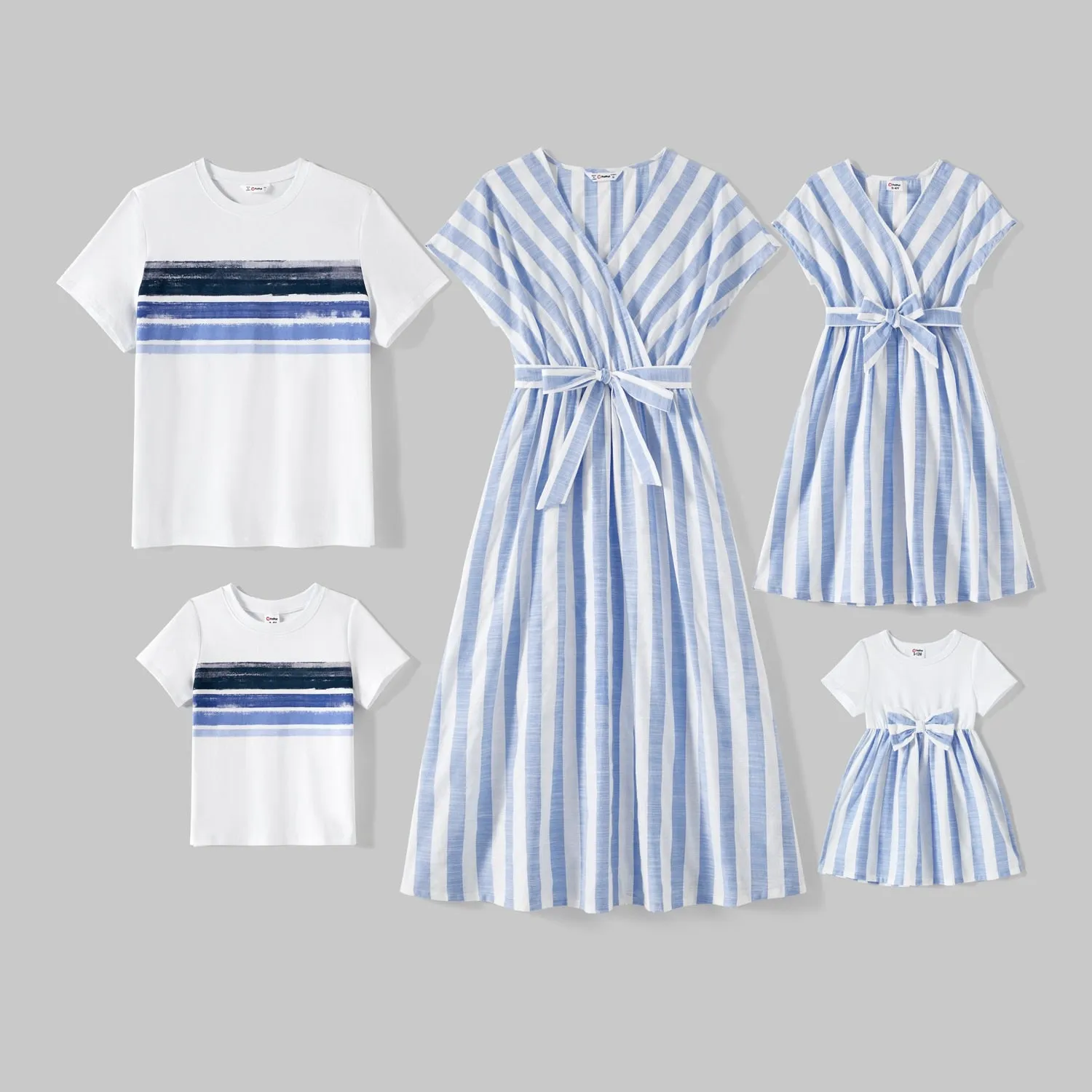 Short Sleeve Striped White & Blue Dress Sets - Matching Family Outfit