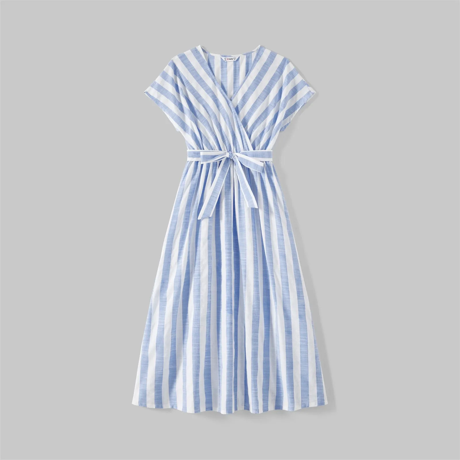 Short Sleeve Striped White & Blue Dress Sets - Matching Family Outfit