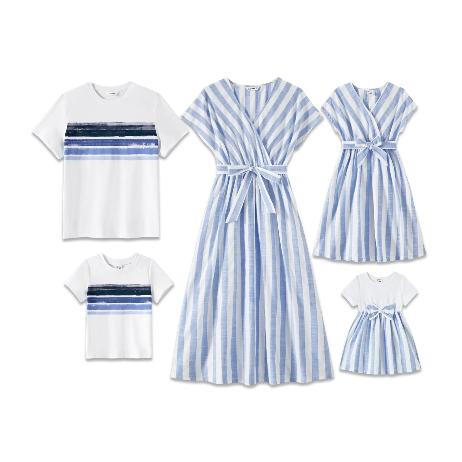 Short Sleeve Striped White & Blue Dress Sets - Matching Family Outfit